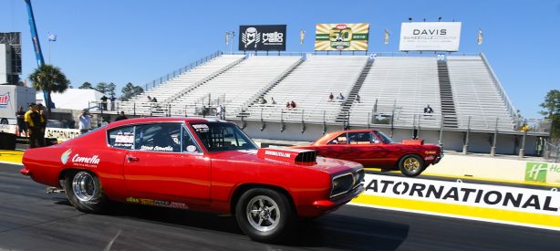 1968 red Barracuda at the start line