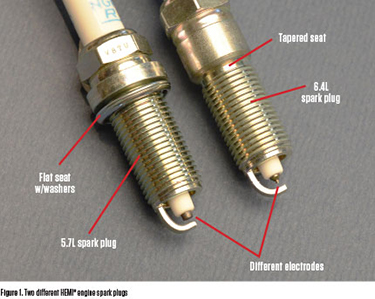 Two different HEMI engine spark plugs