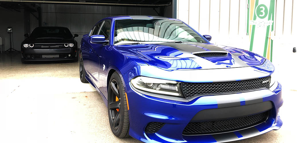 Dodge Challenger SRT Hellcat in blue with matte black stripes