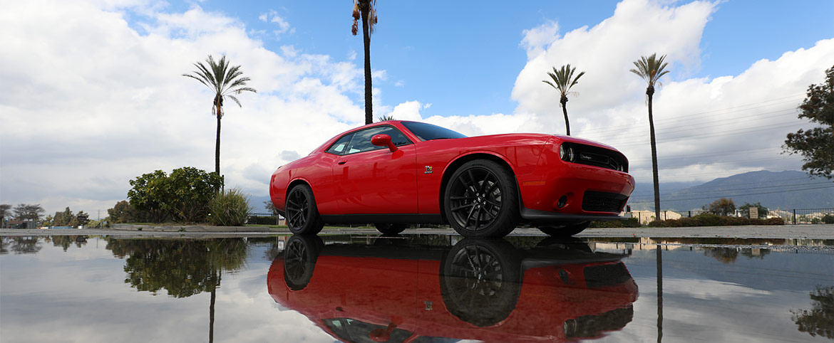 Red 1320 Challenger Drag Pak with palm trees in the back