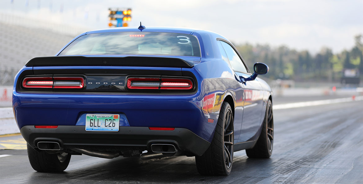 Blue 1320 Challenger Drag Pak getting ready to race down the track