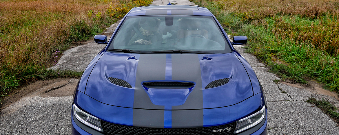 Blue Charger Hellcat with flat black stripe