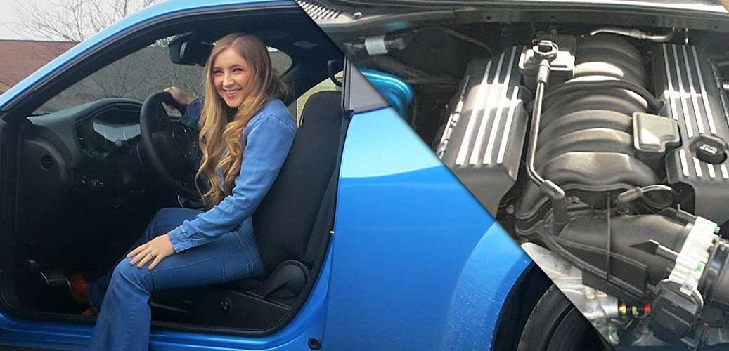 Olivia Crosby sitting in driver seat of Challenger Scat Pack and on the right is a picture of the engine