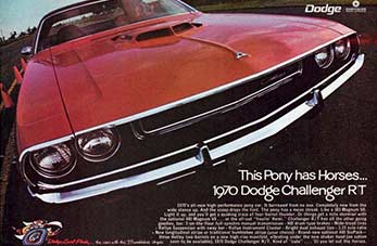 Dodge advertisement from 1970 promoting the 1970 Dodge Challenger R/T