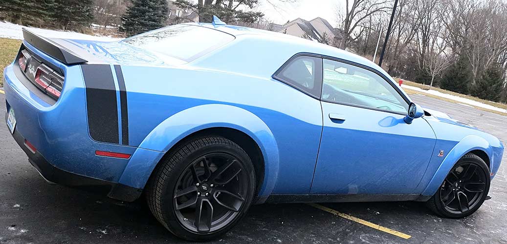 Side view of B5 blue Challenger Scat Pack