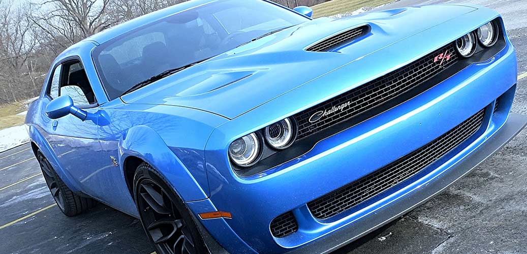 Front end of a B5 blue Challenger Scat Pack