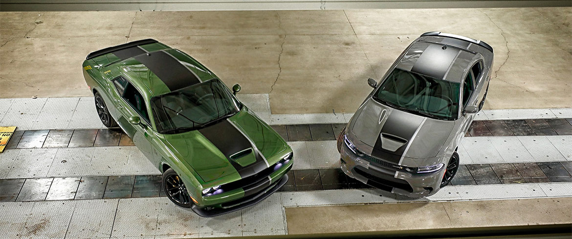 F8 green 2019 Challenger R/T and detroyer gray 2019 Charger Scat Pack in Stars & Stripes Package