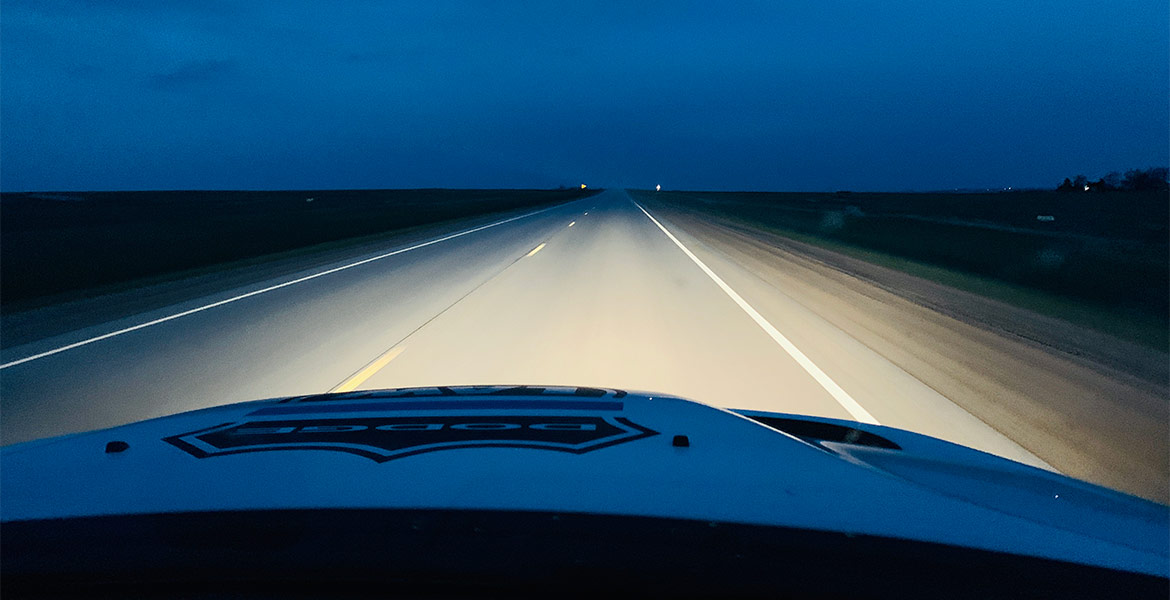 view through windshield of Durango SRT Pursuit driving at night