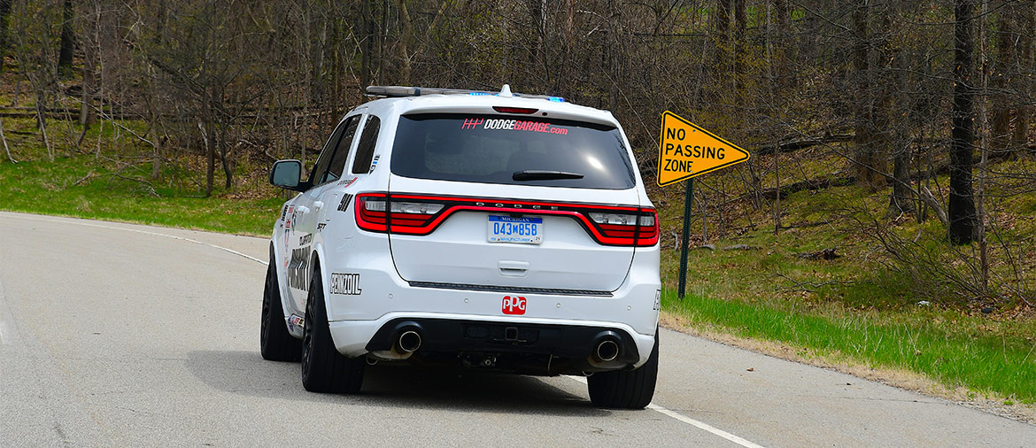 Rear end of the white Durango SRT Pursuit