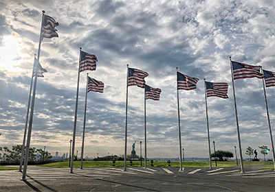 a group of american flags on poles