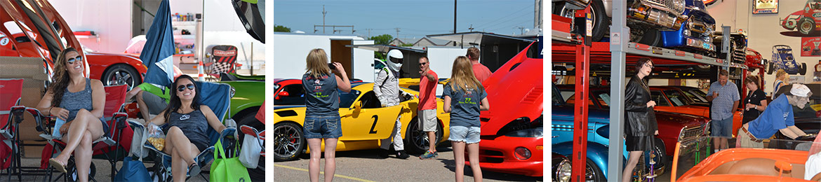 Fans sitting in lawn chairs and walking around a private car collection