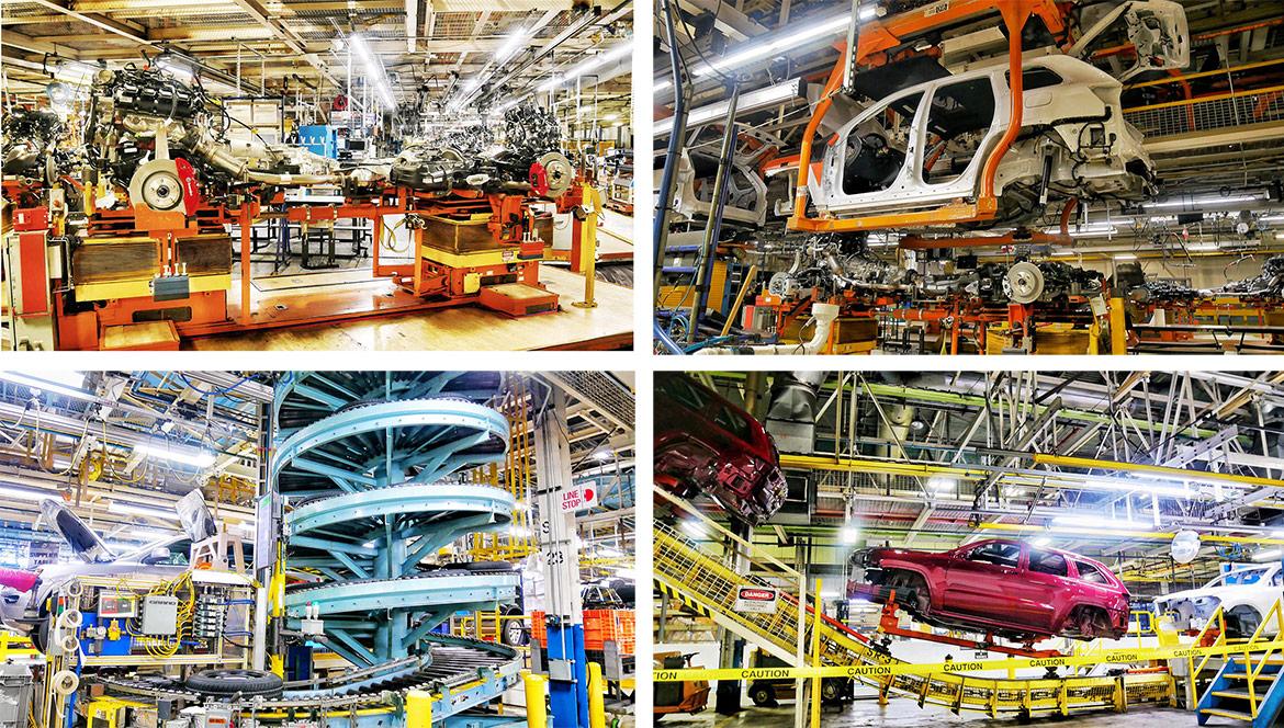 vehicles in an assembly plant
