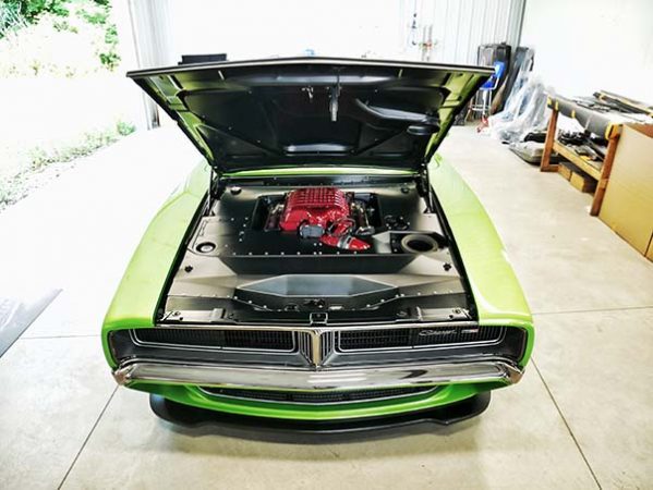 dodge vehicle with the hood open