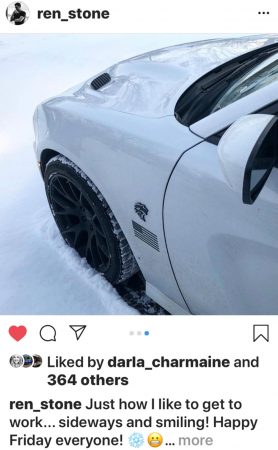 Ren Stone's Instagram post on Charger Hellcat in snow