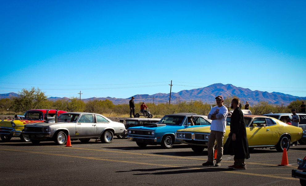 vehicles setting up to drag race