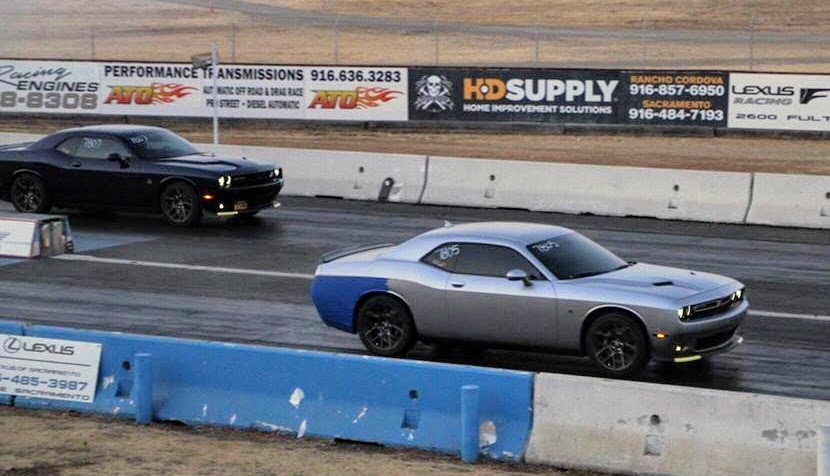 vehicles in the staging lane of a drag strip