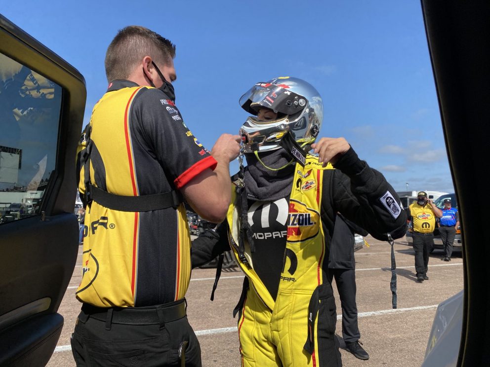 Leah Pruett suiting up ready to race