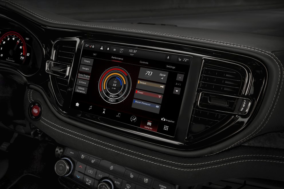 2021 Dodge Durango SRT Hellcat: The Challenger-inspired driver-oriented cockpit is refined, upscale and high-tech throughout, featuring an available, largest-in-class 10.1-inch touchscreen angled 7 degrees toward the driver.