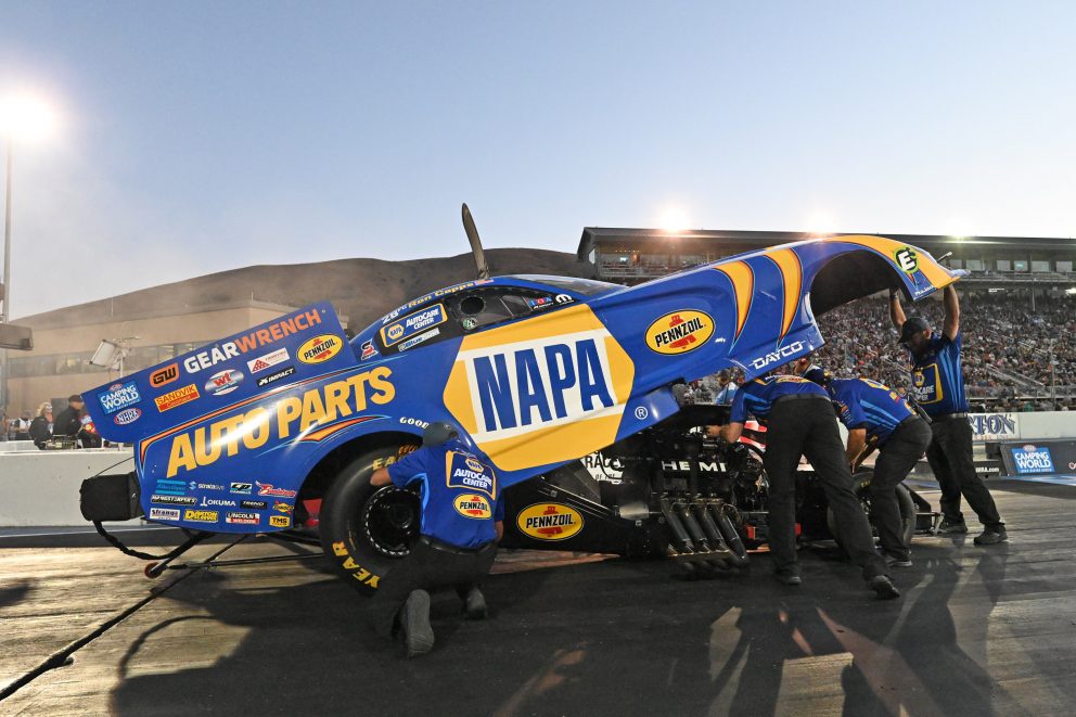 Ron Capps' crew working on his funny car