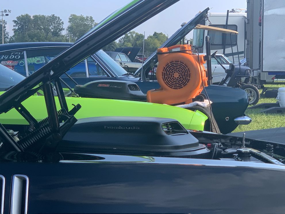 Fan cooling down a HEMI engine after a drag race