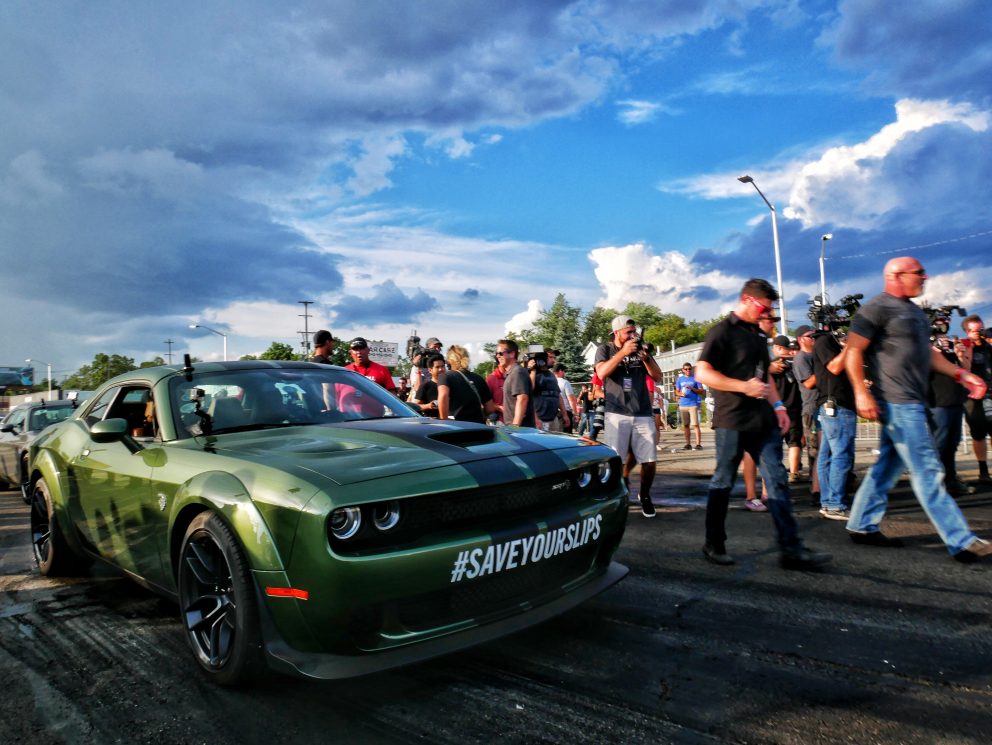 Challenger getting ready to drag race at Roadkill Nights Powered by Dodge