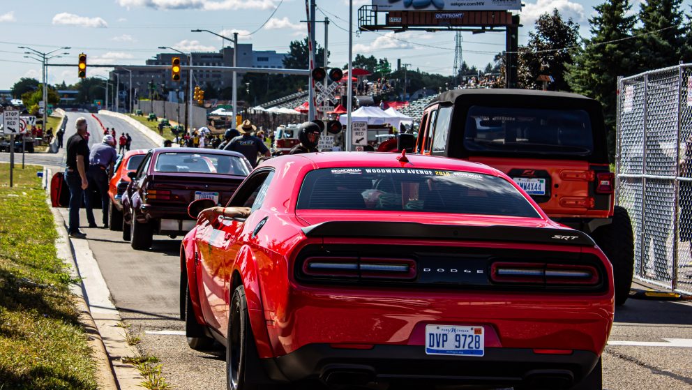 Line of drag racers at Roadkill Nights Powered by Dodge