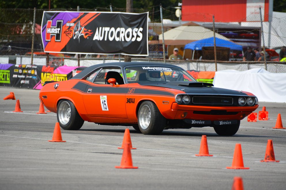Vintage Challenger T/A going through an auto cross course