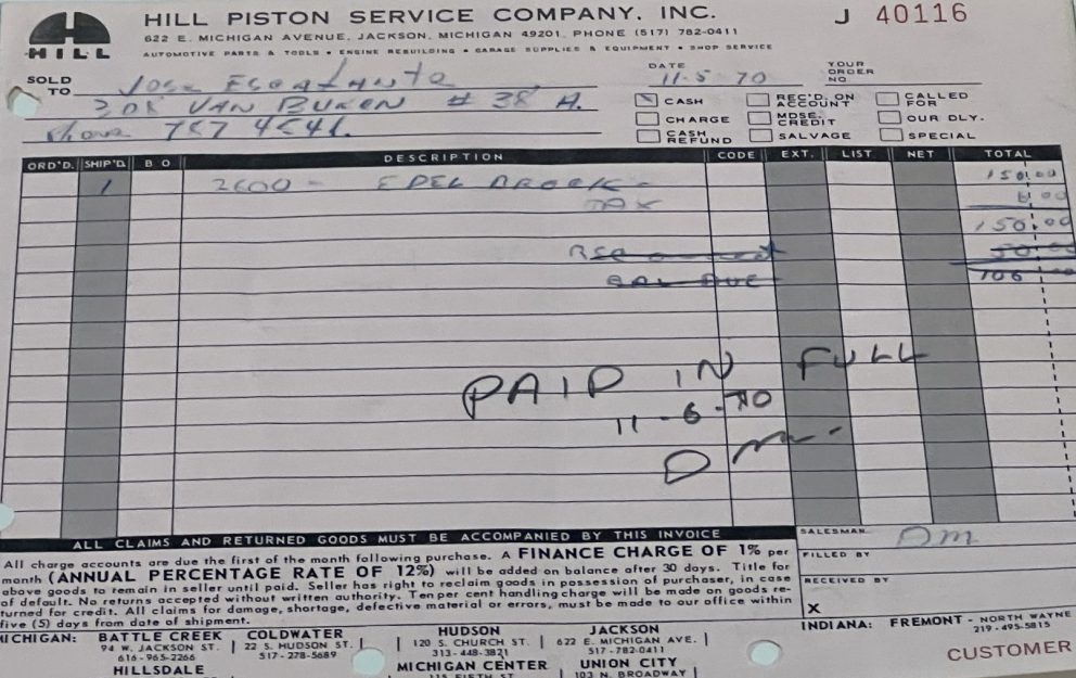 Old receipt for car parts