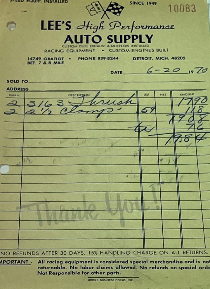Old receipt for car parts
