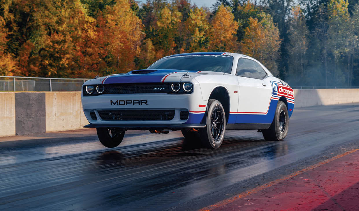The 2020 Mopar Dodge Challenger Drag Pak, unveiled at the 2019 SEMA Show, delivers sportsman racers a new, turnkey package loaded with suspension and chassis upgrades and is certified for NHRA and NMCA competition. Production is limited to 50 serialized units.