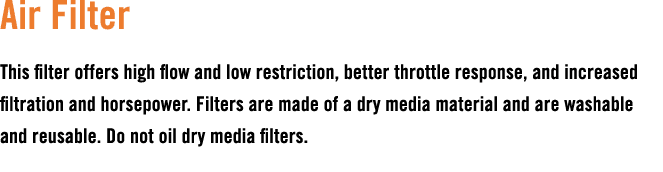 Air Filter This filter offers high flow and low restriction, better throttle response, and increased filtration and h...