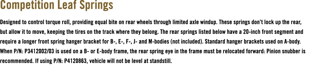 Competition Leaf Springs Designed to control torque roll, providing equal bite on rear wheels through limited axle wi...