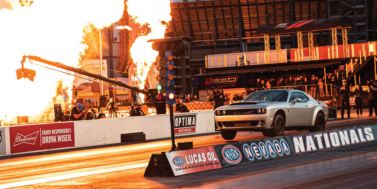 The 1,025 horsepower 2023 Dodge Challenger SRT Demon 170 makes its wheels-up debut run at the Dodge Last Call Powered by Roadkill Nights Vegas performance festival at The Strip at Las Vegas Motor Speedway on March 20, 2023.