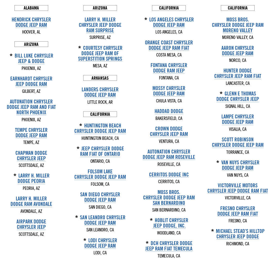 ￼ HENDRICK CHRYSLER DODGE JEEP RAM HOOVER, AL ￼ * BILL LUKE CHRYSLER JEEP & DODGE PHOENIX, AZ EARNHARDT CHRYSLER JEEP...