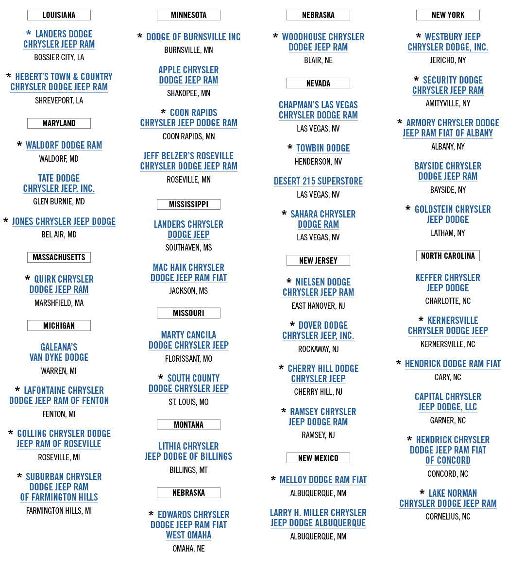 ￼ * LANDERS DODGE CHRYSLER JEEP RAM BOSSIER CITY, LA * HEBERT’S TOWN & COUNTRY CHRYSLER DODGE JEEP RAM SHREVEPORT, LA...
