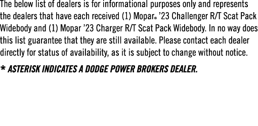 The below list of dealers is for informational purposes only and represents the dealers that have each received (1) M...