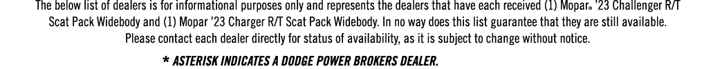 The below list of dealers is for informational purposes only and represents the dealers that have each received (1) M...