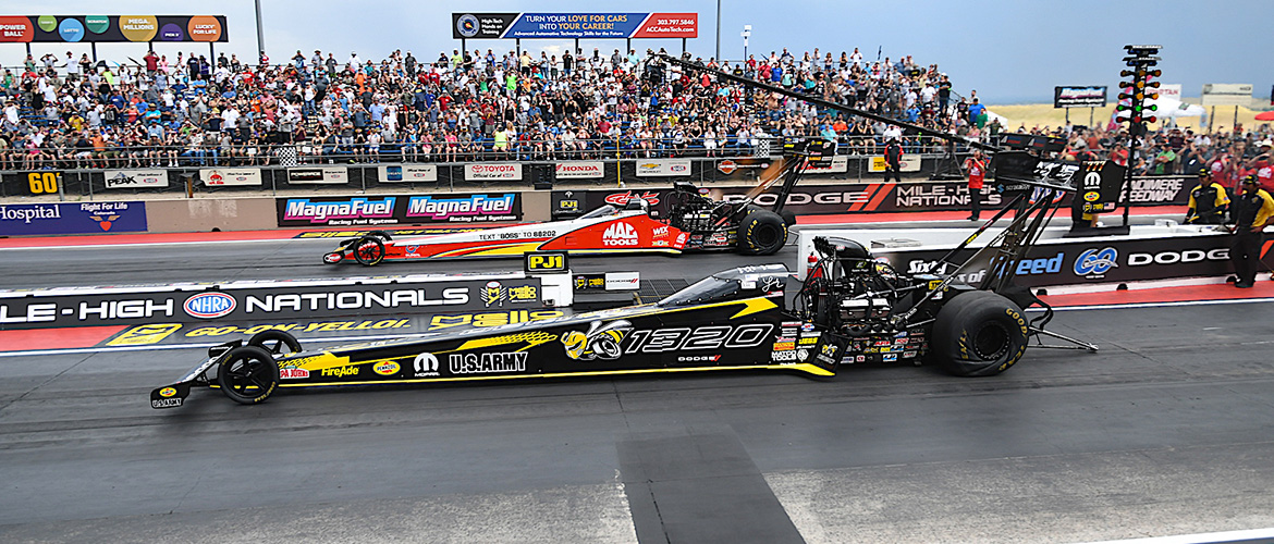 Two top thrill dragsters racing at Mile High