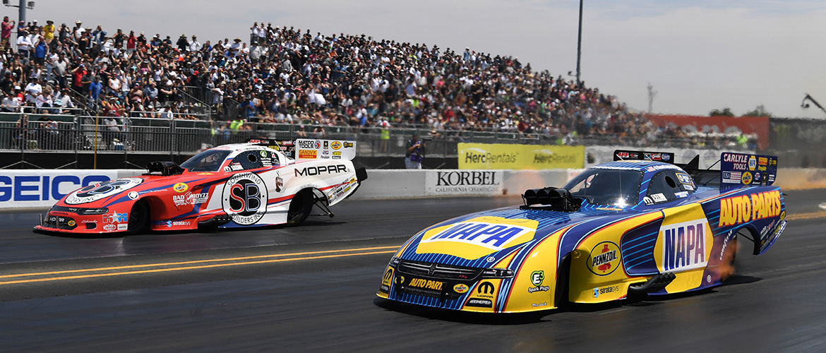 Two cars racing at NHRA Sonoma