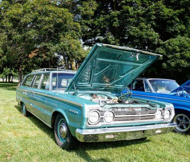 blue older car on grass