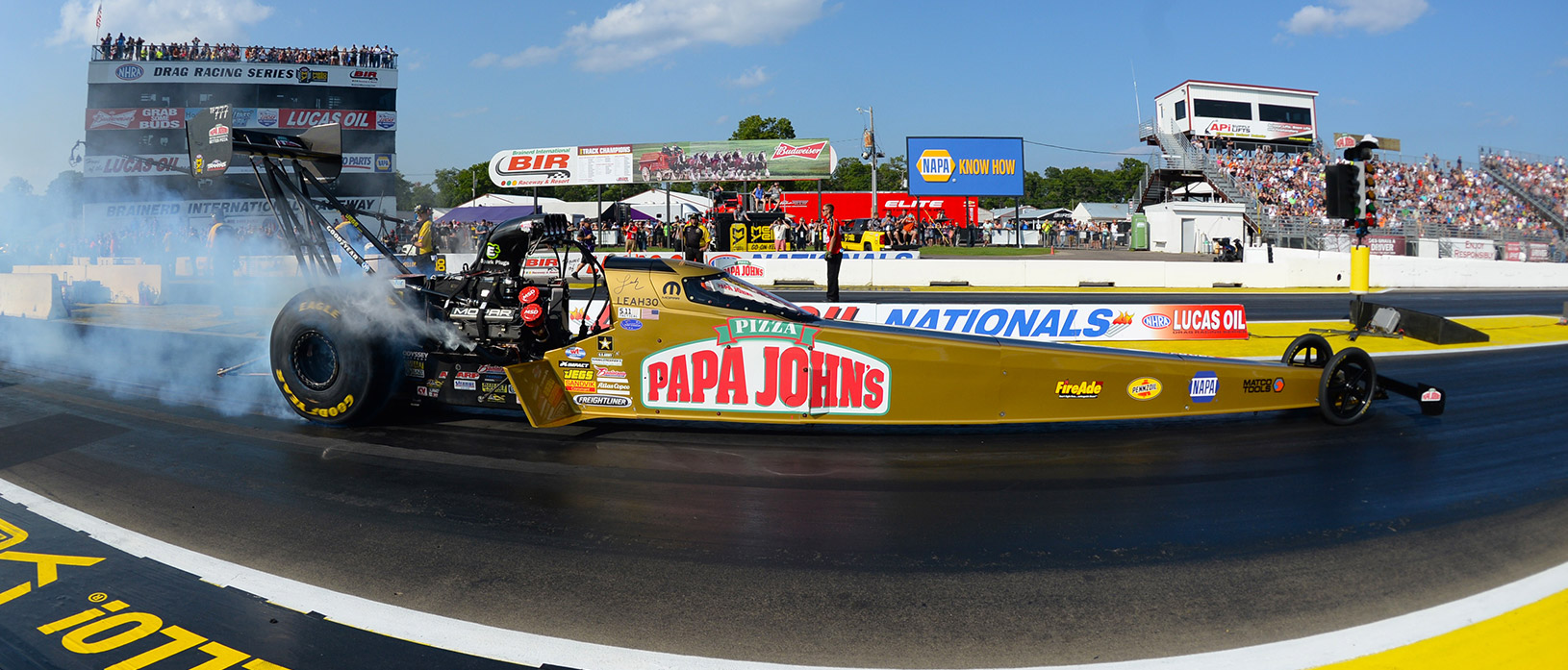 Papa johns pizza racecar after taking off at lucas oil nationals