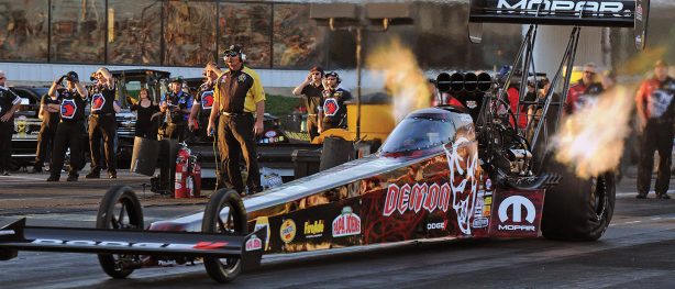 Leah Pritchett racing her Dodge Demon top fuel dragster