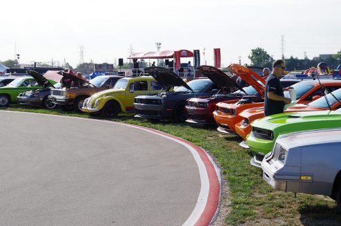 Row of Dodge vehicles at Roadkill Nights