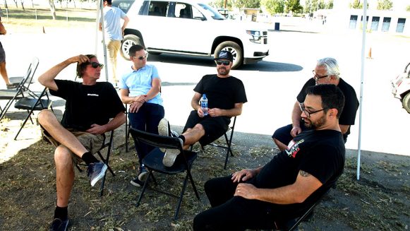 The (partial) Motor Trend on Demand brain trust took shelter from the sun between rounds at Buttonwillow. From left to right: Steve Dulcich (Roadkill, Engine Masters), Jethro Bovingdon (Head 2 Head), Mike Finnegan (Roadkill, Finnegan’s Garage), Lucky Costa (Hot Rod Garage) and (foreground) Tony Angelo (Hot Rod Garage).