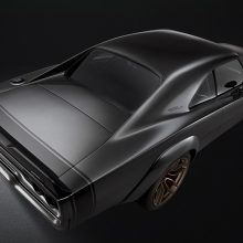 The 1968 Dodge “Super Charger” Concept assumes a “wide body” stance thanks to front and rear fiberglass wheel flares painted “De Grigio” Grey Metallic body color. Front wheels push forward two inches to accommodate the flares and shorten the Charger’s overhang, extending the classic’s wheelbase from 117 inches to 119 inches.