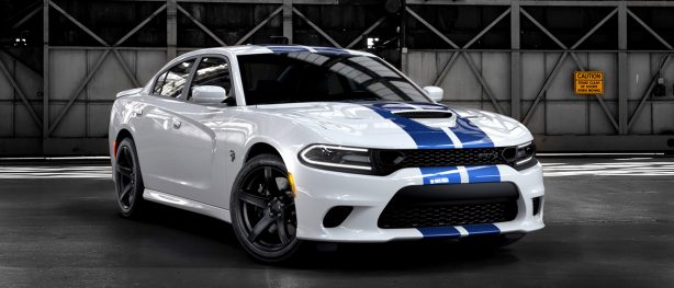 White Charger Hellcat with blue dual stripes