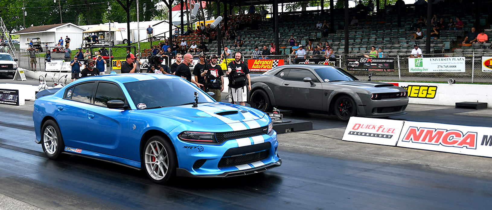 Gray Demon lining up against blue Hellcat