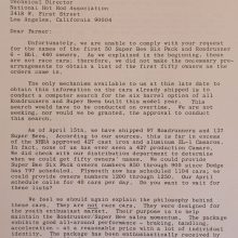 Here is the full April 24, 1969, memo from Tom Hoover describing the Six Pack strategy to the NHRA. The third paragraph reveals Hoover’s frustration with the NHRA’s occasional anti-Mopar scrutiny. He wrote: “…none of us has ever seen a 427 production Camaro,” a reference to the miniscule volume of 427 COPO Camaros built versus the comparative flood of 440 Six Packs.