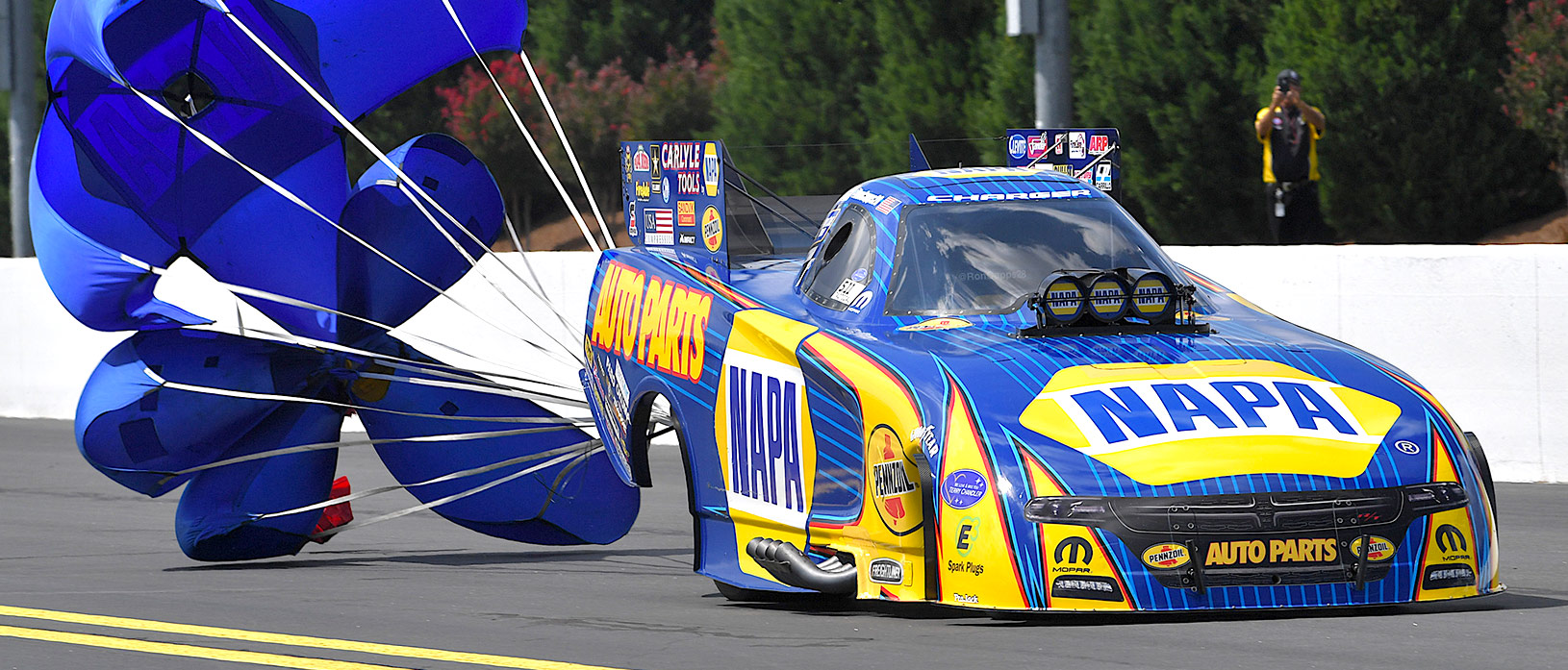 Napa Auto Parts Dodge Funny Car slowing down with chute deployed