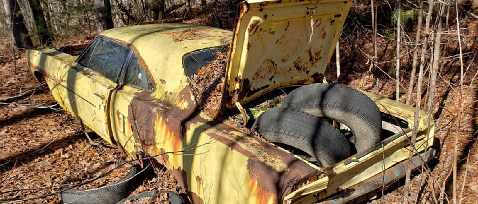 Old rusted yellow Dodge car abandoned in the woods